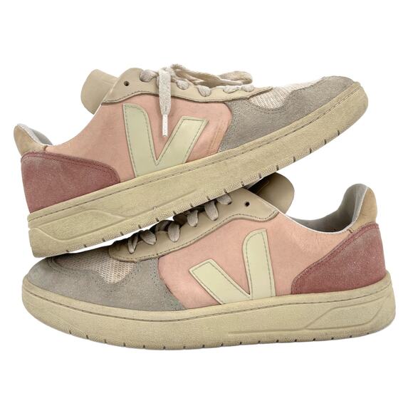 Veja V-10 Multico Nude Colorblock Sneakers Suede Leather Pink Blue Cream Size 8 - Picture 1 of 16